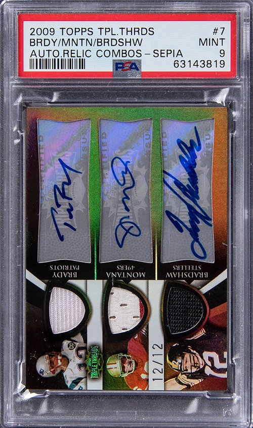 2009 Topps Triple Threads Autographed Relic Combos - Sepia 7 Tom Brady Joe Montana Terry Bradshaw Multi Signed Game Used Jersey Relic Card